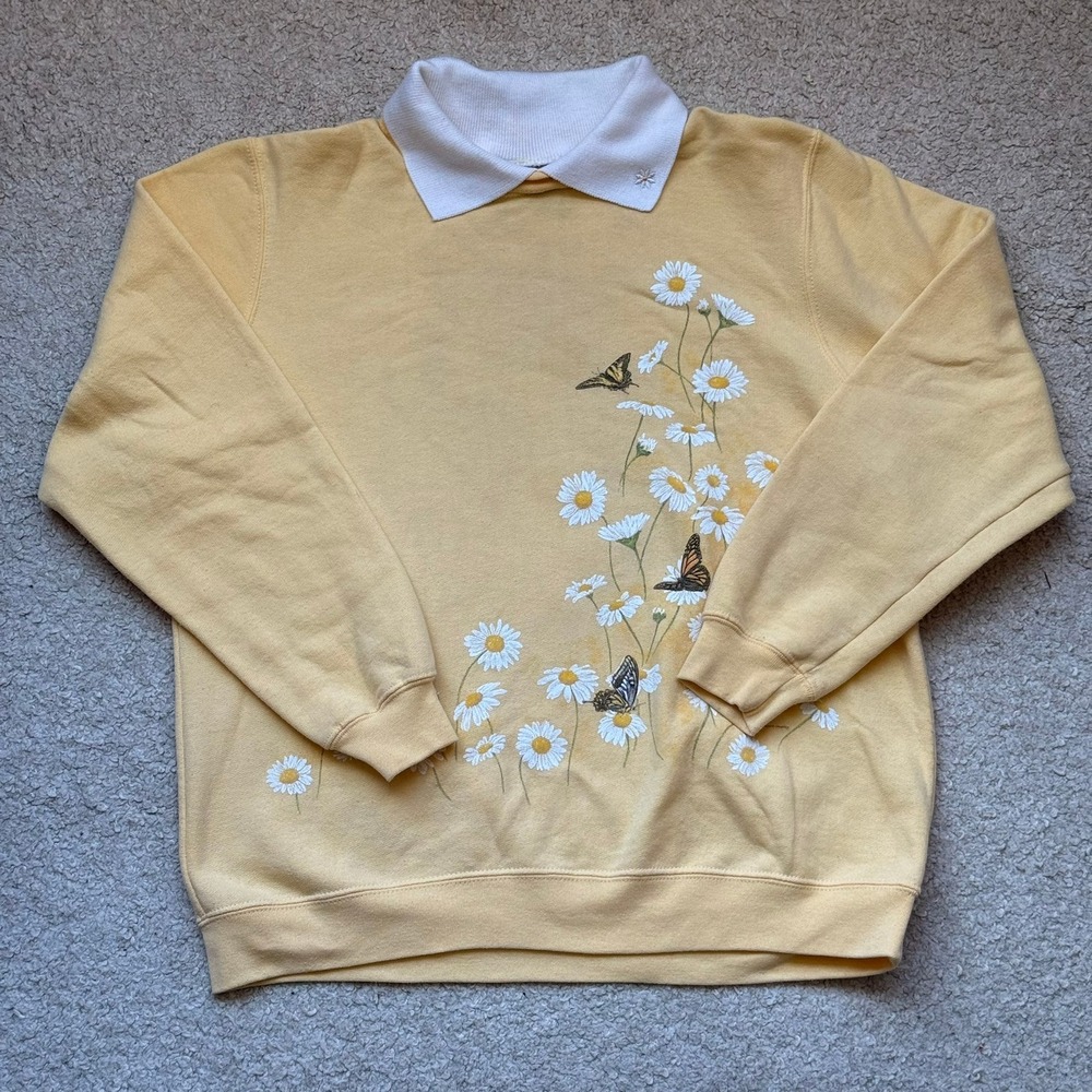 Artisans Yellow Daisy Butterfly Sweatshirt White Polo Collar Vintage Small